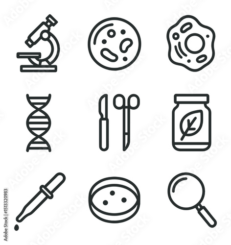 Biology Icon Grid. Outline icon set of biology and life science demos: microscope, petri dish culture, model cell, DNA helix,