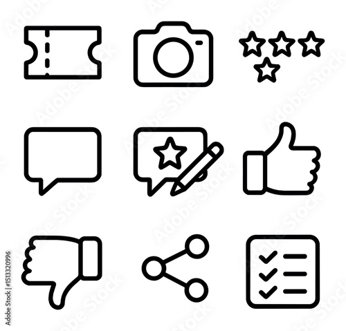 Cultural Icon Set. Outline icon set of Cultural event reviews: ticket stub, camera icon, star rating, review bubble, comment pen,