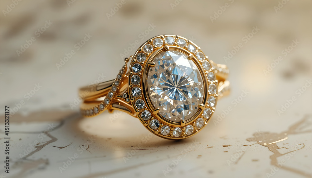 Elegant Gold Ring Featuring a Large Sparkling Diamond Surrounded by Smaller Stones on an Intricate Band Elegant Gold Ring Featuring a Large Sparkling Diamond Surrounded by Smaller Stones on an Intricate Band