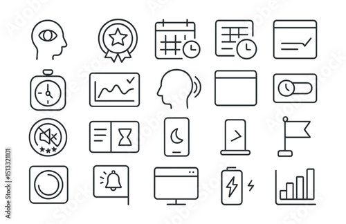 Line style icons of productivity and focus in hybrid work: task focus icon, deep work badge, timebox layout, smart block planner, pomodoro tile, work sprint tracker, flow mode icon, minimal UI tile,