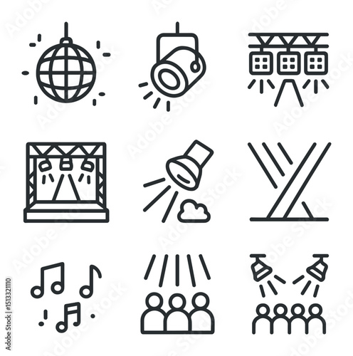 Dance Party Icons. Outline icon set of dance party lights: disco ball, strobe light, LED panels, stage, spotlight, fog, beams,