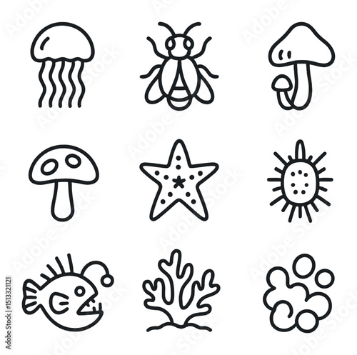 Bioluminescent Icons Grid. Outline icon set of bioluminescent nature: jellyfish, firefly, glow worm, mushroom, plankton, deep-sea