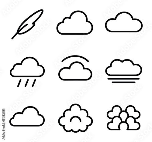 Cloud Icon Collection. Outline icon set of cloud classification types: cirrus feather, cumulus puffy, stratus layer, nimbus rain,