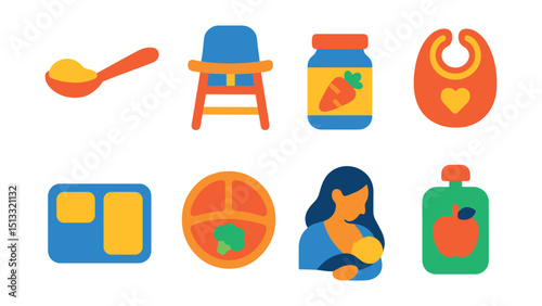 Flat vector icons of feeding routines: spoon feeding, high chair, puree jar, bib icon, mealtime tray, toddler plate, breastfeeding icon, baby food pouch.