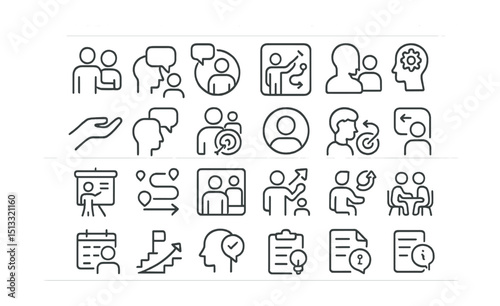 Line style icons of mentorship and professional guidance: mentor-mentee icon, coaching session tile, career feedback badge, roadmap help card, skill pairing icon, guidance hand tile, ask for help tag