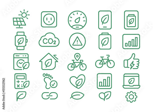 Line style icons of green technology and daily eco tech: solar charger icon, smart plug tile, energy meter badge, green app icon, digital sustainability tracker, carbon calculator tile, clean energy