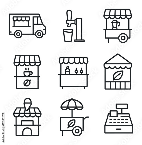 Food and Drink Icons. Outline icon set of food and drink stalls: food truck, beer tap, smoothie bar, coffee cart, snack stand,