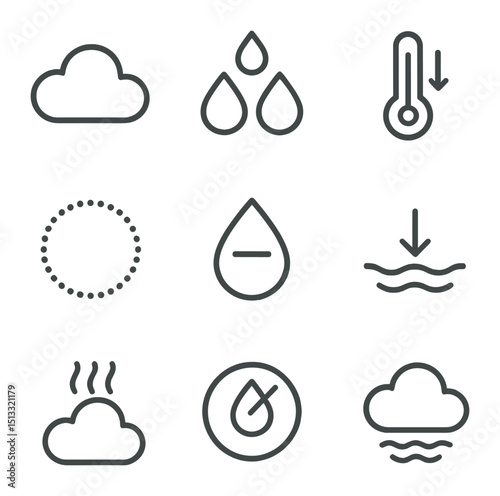 Cloud Formation Icons. Outline icon set of condensation and cloud formation: cloud outline, droplet cluster, temperature drop