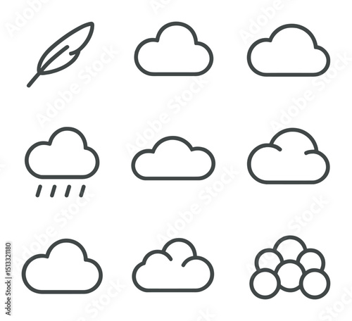 Cloud Icon Collection. Outline icon set of cloud classification types: cirrus feather, cumulus puffy, stratus layer, nimbus rain,