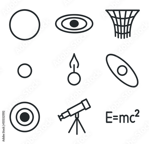 Black Hole Icon Set. Outline icon set of black holes: event horizon circle, accretion disk, gravitational well grid, singularity