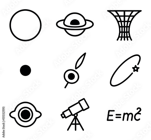 Black Hole Icon Set. Outline icon set of black holes: event horizon circle, accretion disk, gravitational well grid, singularity