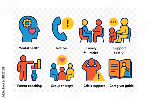 Flat vector icons of parenting support systems: mental health support, helpline icon, family counselor, support session, parent coaching, group therapy, crisis support, caregiver guide.