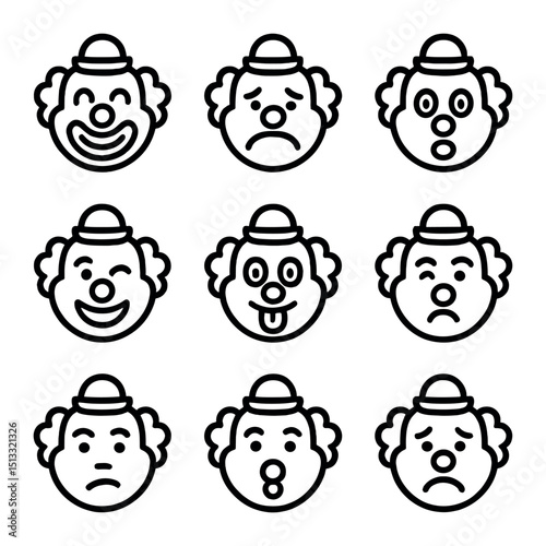 Clown Emoji Expressions. Outline icon set of clown facial expressions: big grin, sad frown, surprised eyes, winking eye,