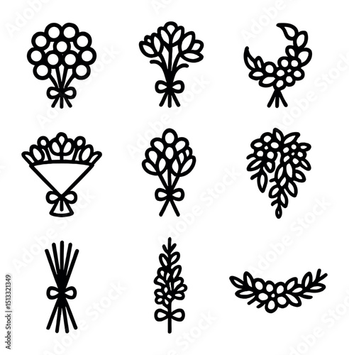 Bouquet Shape Icons. Outline icon set of bouquet shape inspirations: round posy, hand-tied spiral, crescent cresp, fan shape,