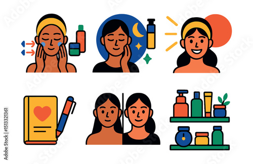 Flat vector icons of daily beauty routines: skincare steps icon, nighttime routine, morning glow, product lineup, timer for mask, beauty journal, before-after icon, beauty shelf.