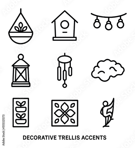 Decorative Trellis Icons. Outline icon set of decorative trellis accents: hanging pot, birdhouse, fairy lights, lantern, wind