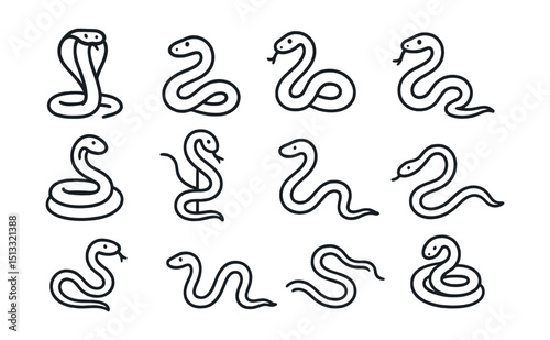 Line style icons of all snake types: cobra, viper, python, rattlesnake, coral snake, boa constrictor, tree snake, sea snake, garter snake, snake coiled.