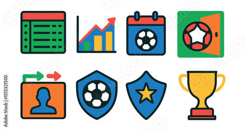 Flat vector icons of sports leagues and seasons: league table, standings chart, matchday calendar, season opener, transfer icon, league logo, club badge, league trophy.