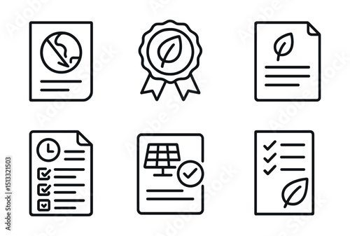 Line style icons of sustainable energy: net-zero report icon, sustainability certificate badge, eco-compliance document layout, yearly audit checklist, emission-free milestone card, verified green