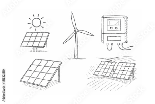 Line style icons of sustainable energy: solar sketch icon, concept drawing of panel grid, hand-drawn turbine draft, wireframe of inverter system, eco UX outline layout, early interface sketch, field