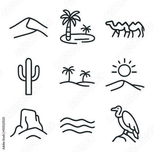 Desert Icon Collection. Outline icon set of desert landscapes: sand dune, oasis palm, camel caravan, cactus, mirage, desert sun,