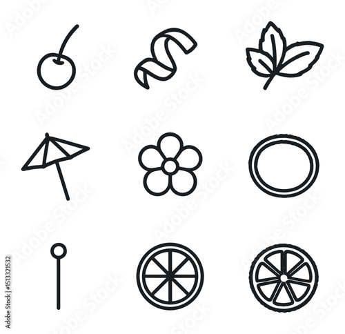 Cocktail Garnish Icons. Outline icon set of garnish and decoration: cocktail cherry, citrus twist, mint sprig, cocktail umbrella,
