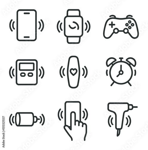 Device Vibration Icons. Outline icon set of device vibrations: smartphone vibration, smartwatch buzz, game controller rumble,