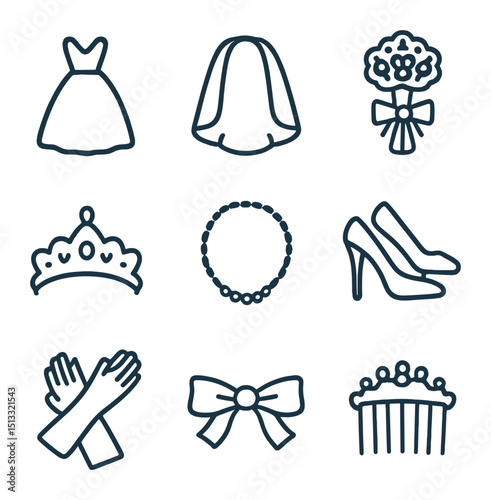 Bridal Icon Set. Outline icon set of bridal attire and accessories: wedding gown, veil, bouquet, tiara, pearl necklace, high heels