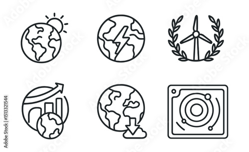 Line style icons of sustainable energy: global climate icon, world energy map, UN goal badge, international renewable index, carbon impact by region panel, planetary system overview screen.