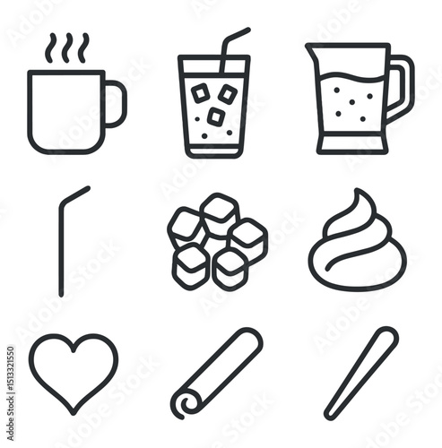 Cocoa Beverage Icons. Outline icon set of Cocoa beverages: steaming mug, iced chocolate glass, blender jug, straw, marshmallow