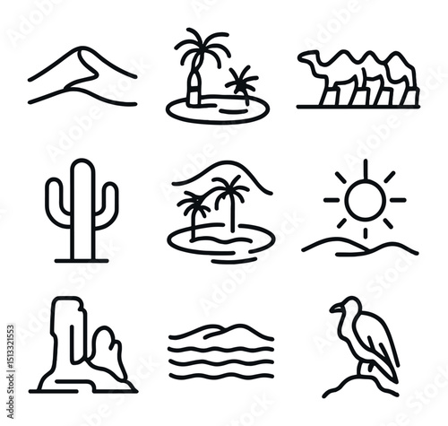Desert Icon Collection. Outline icon set of desert landscapes: sand dune, oasis palm, camel caravan, cactus, mirage, desert sun,