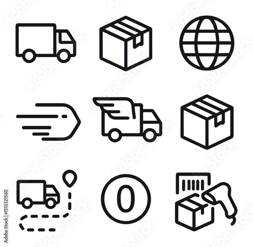 Free Shipping Icons. Outline icon set of free shipping offers: delivery truck, shipping box, globe icon, speed lines, truck with