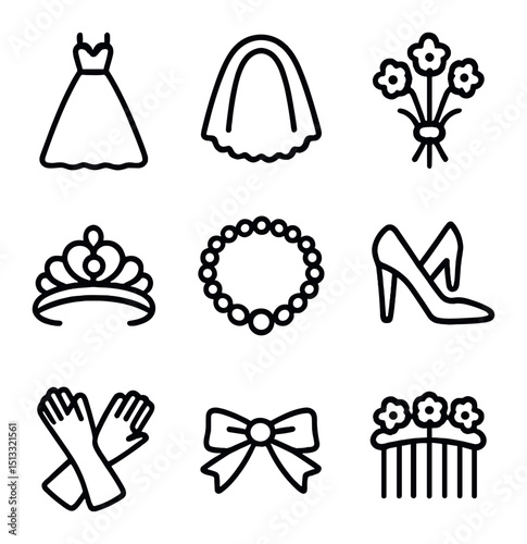 Bridal Icon Set. Outline icon set of bridal attire and accessories: wedding gown, veil, bouquet, tiara, pearl necklace, high heels