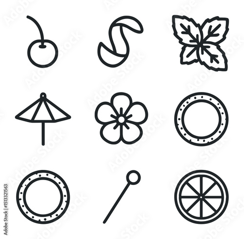 Cocktail Garnish Icons. Outline icon set of garnish and decoration: cocktail cherry, citrus twist, mint sprig, cocktail umbrella,