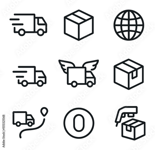 Free Shipping Icons. Outline icon set of free shipping offers: delivery truck, shipping box, globe icon, speed lines, truck with