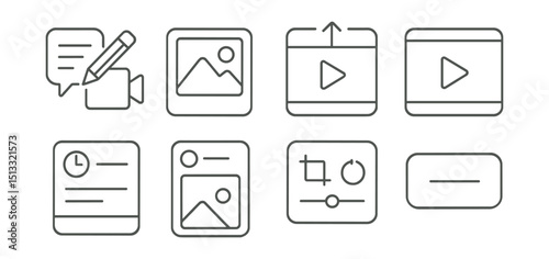 Line style icons of social media: content creation icon, post photo badge, video upload screen, live stream start panel, schedule content card, story draft layout, media editor tools, caption input