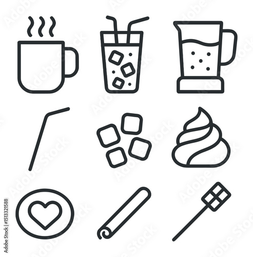 Cocoa Beverage Icons. Outline icon set of Cocoa beverages: steaming mug, iced chocolate glass, blender jug, straw, marshmallow