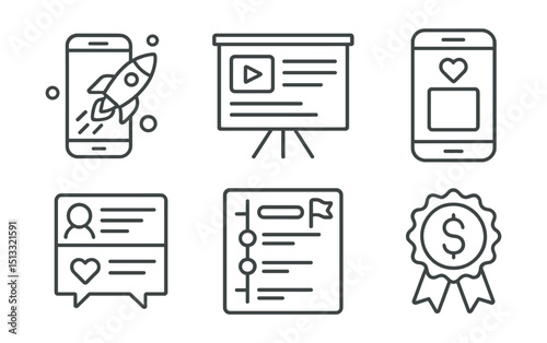 Line style icons of social media: social media startup icon, pitch deck layout, MVP app screen, early users feed, feature roadmap card, idea validation board, investor interest badge.