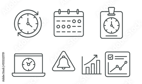Line style icons of remote work: time tracking icon, daily hours log, clock-in/out badge, productivity timer screen, break reminder alert, session length chart, work habit progress.