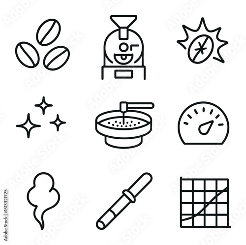Coffee Roasting Stages. Outline icon set of coffee roasting stages: green beans, drum roaster, first crack burst, second crack