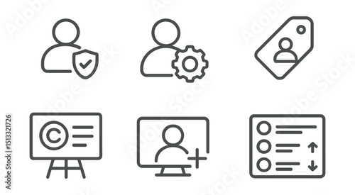 Line style icons of social media: user permission icon, admin badge layout, viewer role tag, content rights board, contributor access screen, profile status toggle, role delegation list.