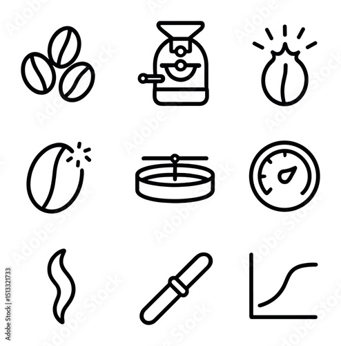 Coffee Roasting Stages. Outline icon set of coffee roasting stages: green beans, drum roaster, first crack burst, second crack