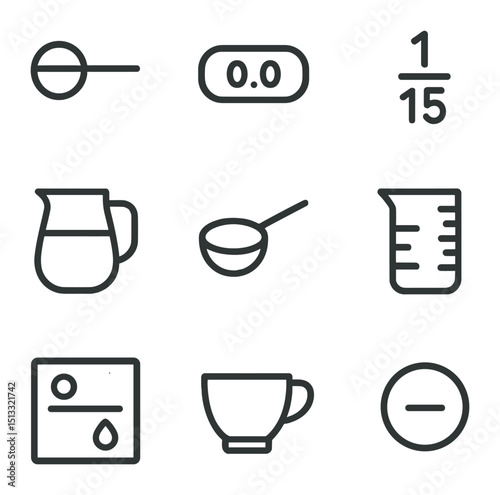 Coffee Ratio Icons. Outline icon set of coffee-to-water ratios: measuring spoon, scale display, ratio fraction, water jug, coffee