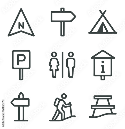 Direction Sign Icons. Outline icon set of distressed direction signs: north arrow, trail marker, campsite sign, parking lot sign,