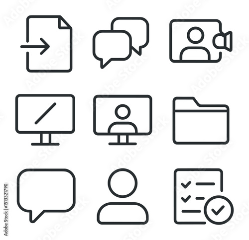 Collaboration Tools Icons. Outline icon set of collaboration tools: document share, group chat, video call, whiteboard share,
