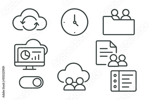 Line style icons of project management: cloud sync icon, real-time data update badge, shared file folder, cloud-based dashboard screen, document collaboration icon, cloud backup toggle, version