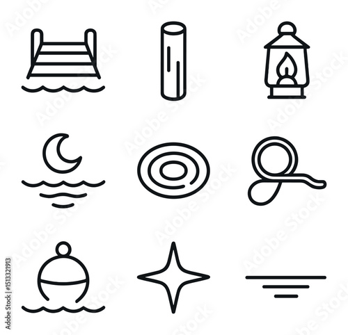 Dock Reflection Icons. Outline icon set of dock and pier nighttime reflection: wooden dock, pier post, lantern light, moon