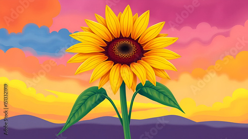 Vibrant Sunflower Blooming on a Color-Spectrum Sky, A Whimsical Illustrative Design