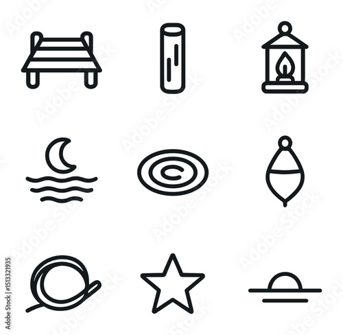 Dock Reflection Icons. Outline icon set of dock and pier nighttime reflection: wooden dock, pier post, lantern light, moon