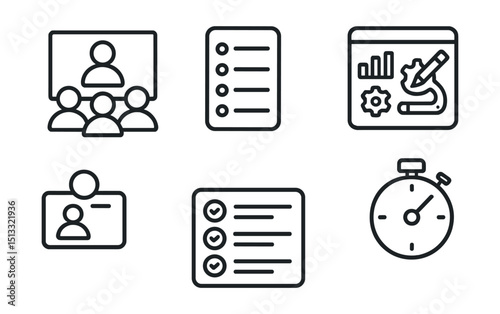 Line style icons of project management: team meeting screen, agenda layout badge, facilitator tools panel, discussion timer icon, note taker tag, action items summary card, remote participant grid.